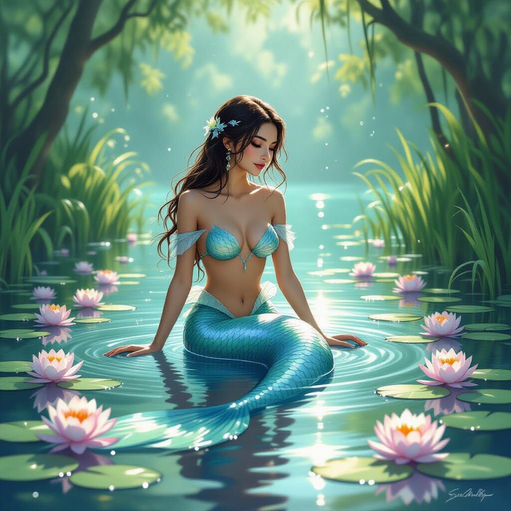 Mermaid in Serene Lake with Ethereal Glow