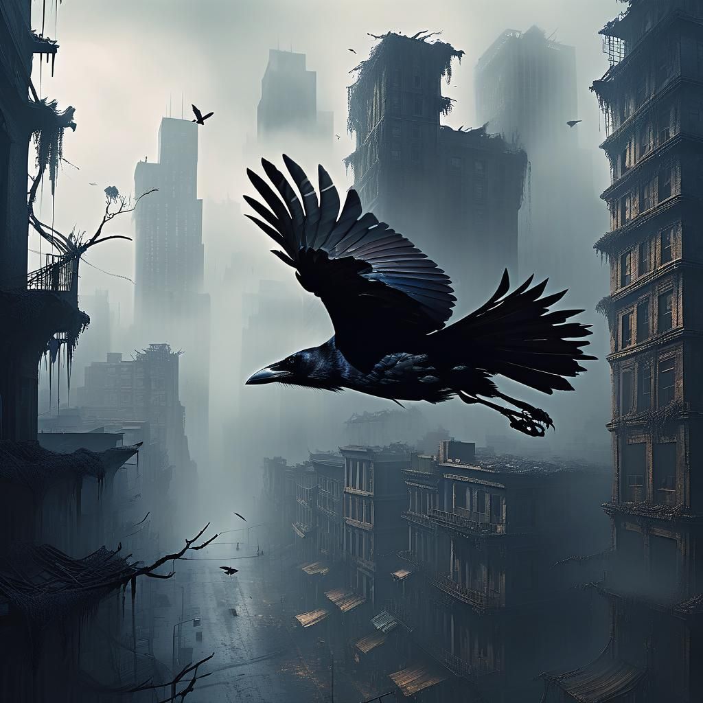Crow in Decaying City: Cinematic Matte Painting