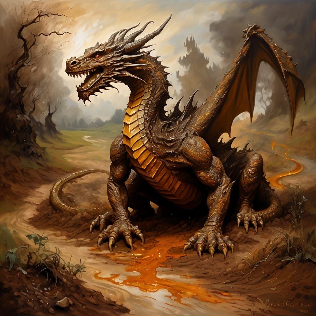 Earthen Dragon Conjured by Wizard: Oil on Canvas