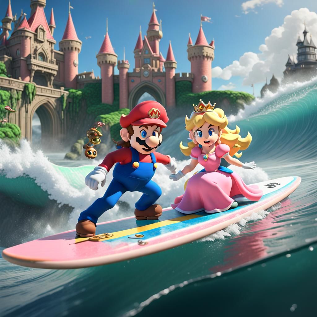 Mario and Peach Surf: Detailed Fantasy Art