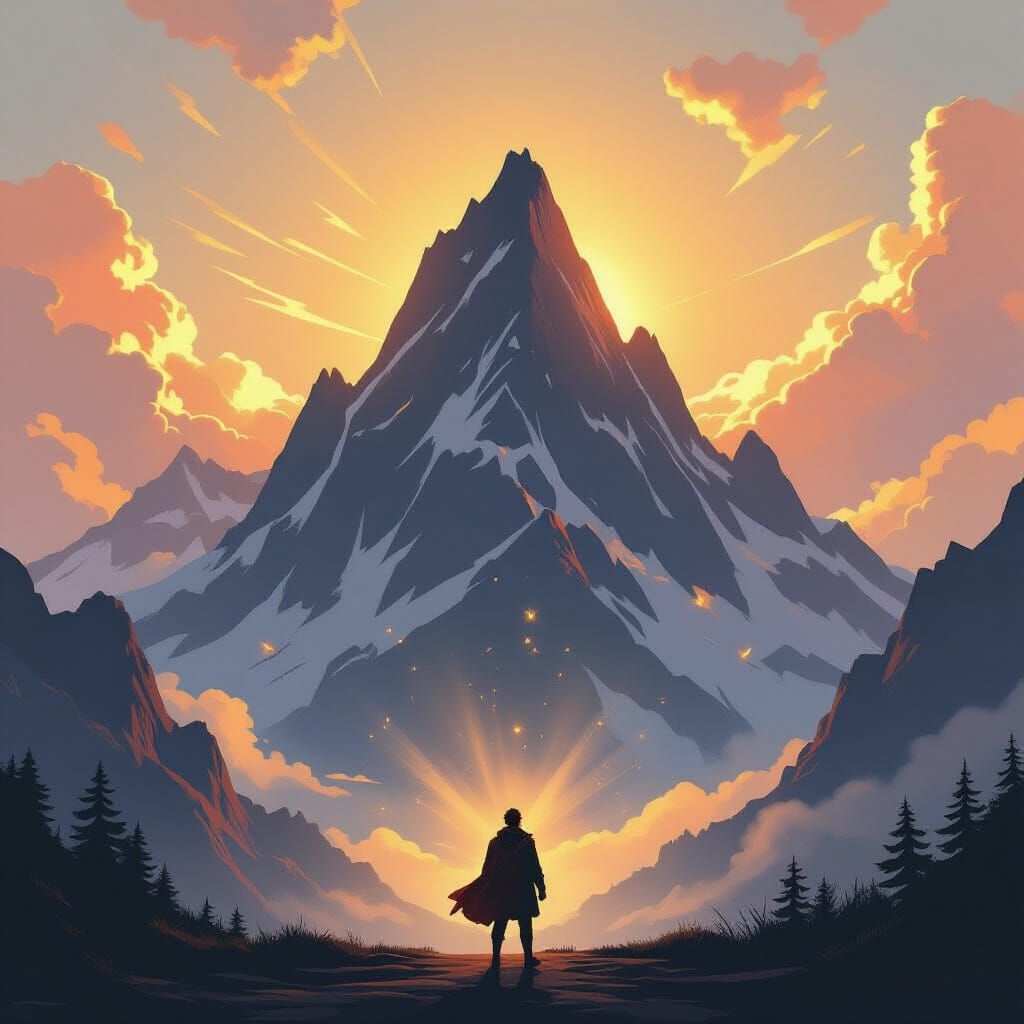 Figure Conquers Colossal Mountain in Golden Hour Light