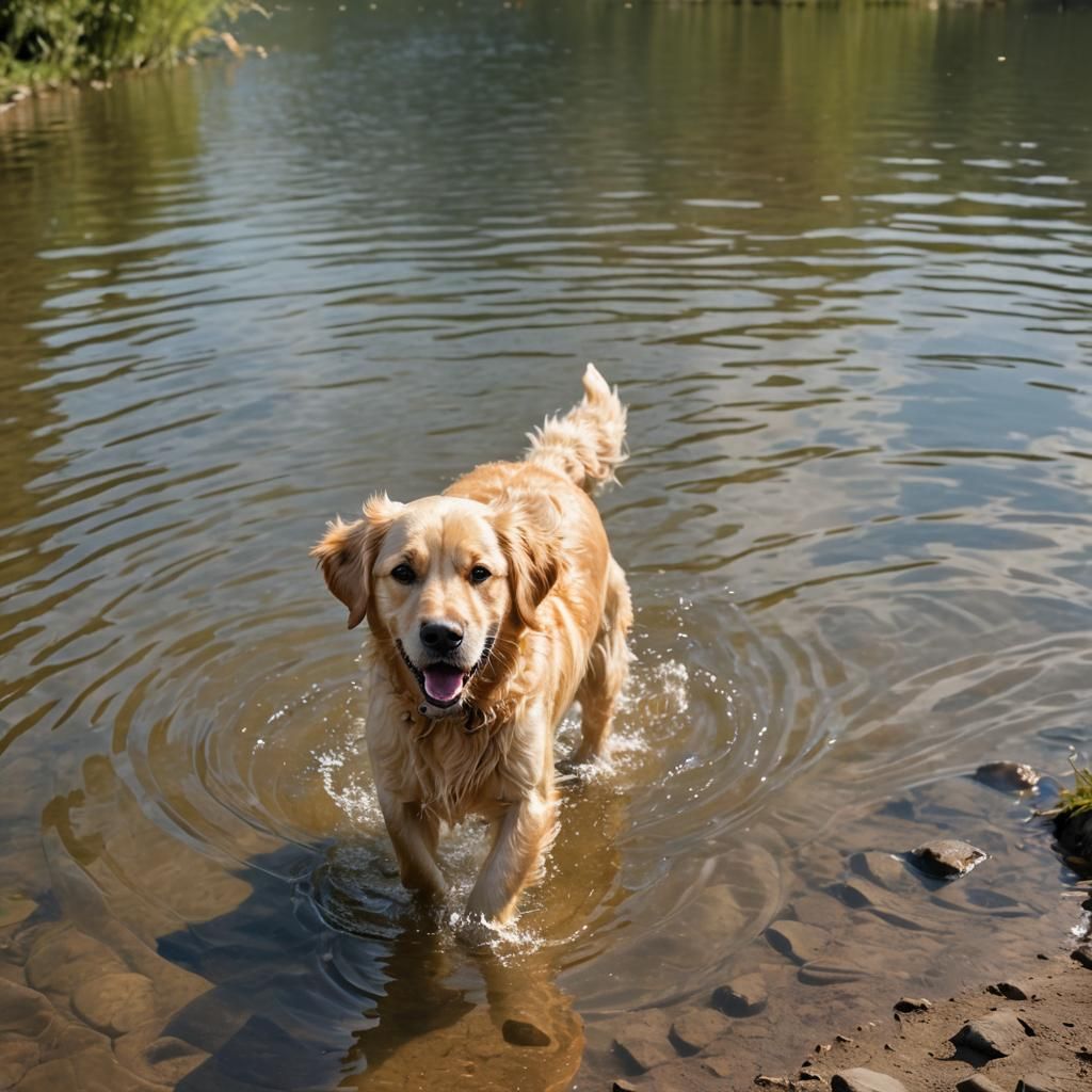 Golden Retriever Emerges from Lake in Divine Light