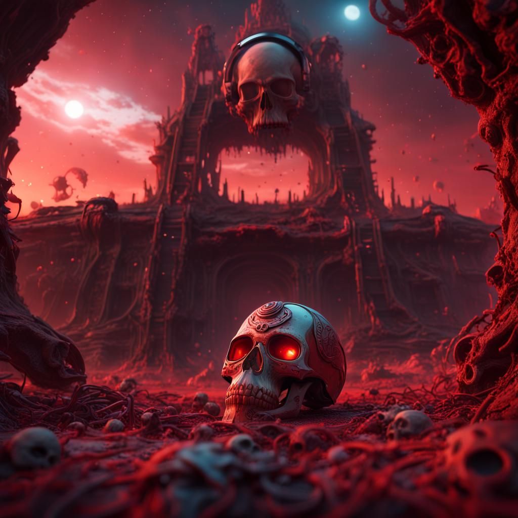 Skull in Space Helmet with Red Sky