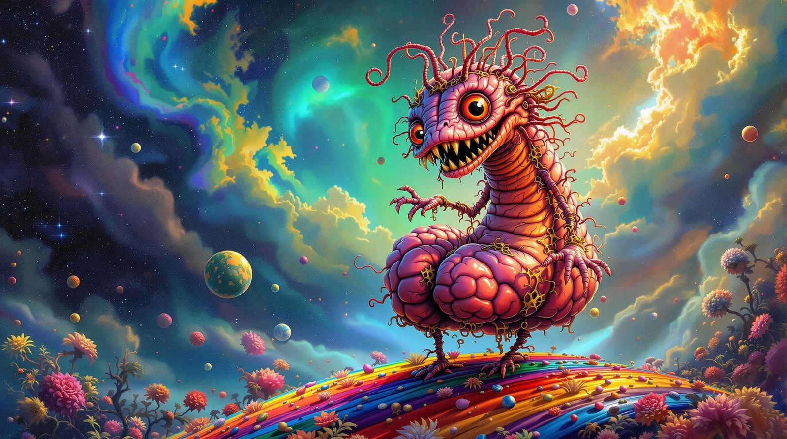 Tap Dancing Brain Worm in a Vibrant Rainbow Brain Masterpiec...