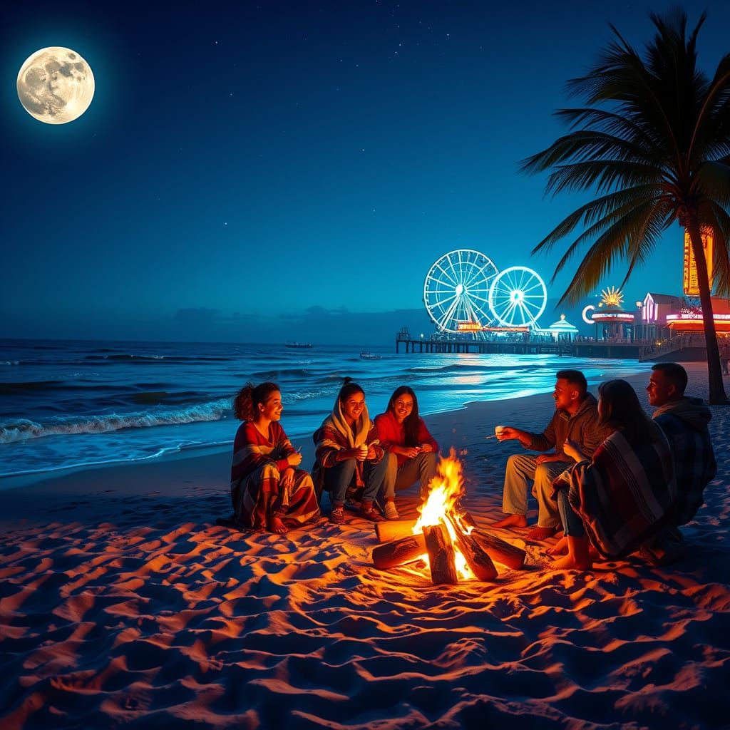 Moonlit Beach Bonfire at Twilight