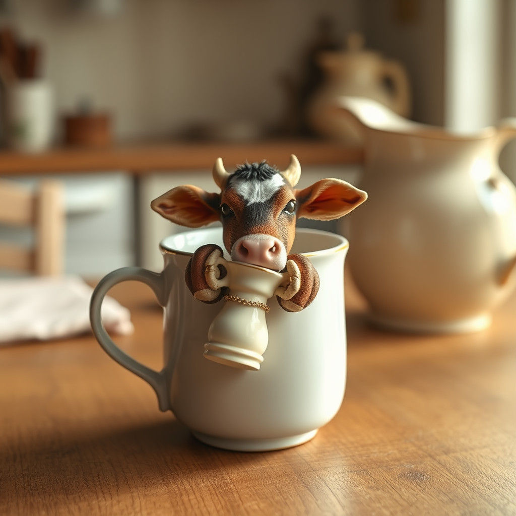 Tiny Calf in Mug, Whimsical Dreamlike Art