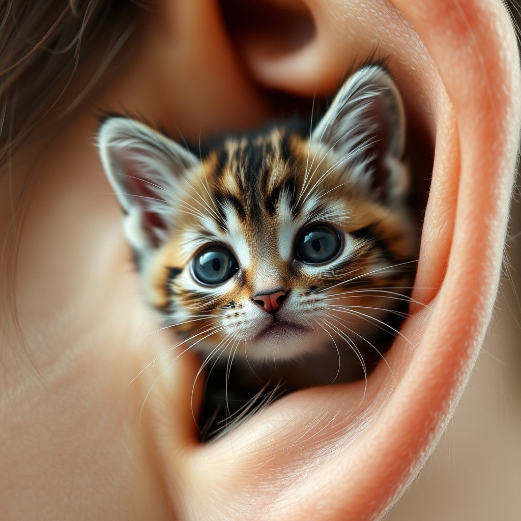 Kitten Peeks Out From Ear in Hyperrealistic Style