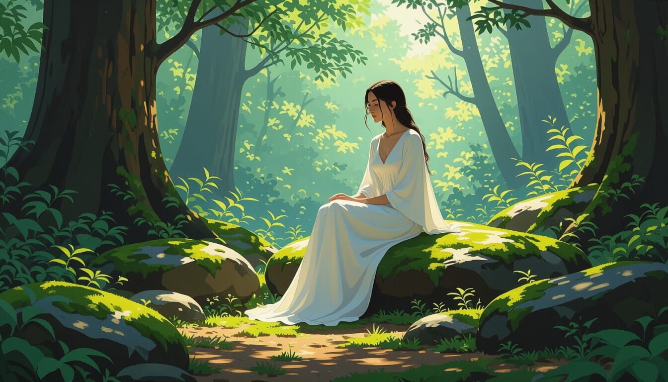Serene Woman in Sunlit Forest Clearing Digital Art