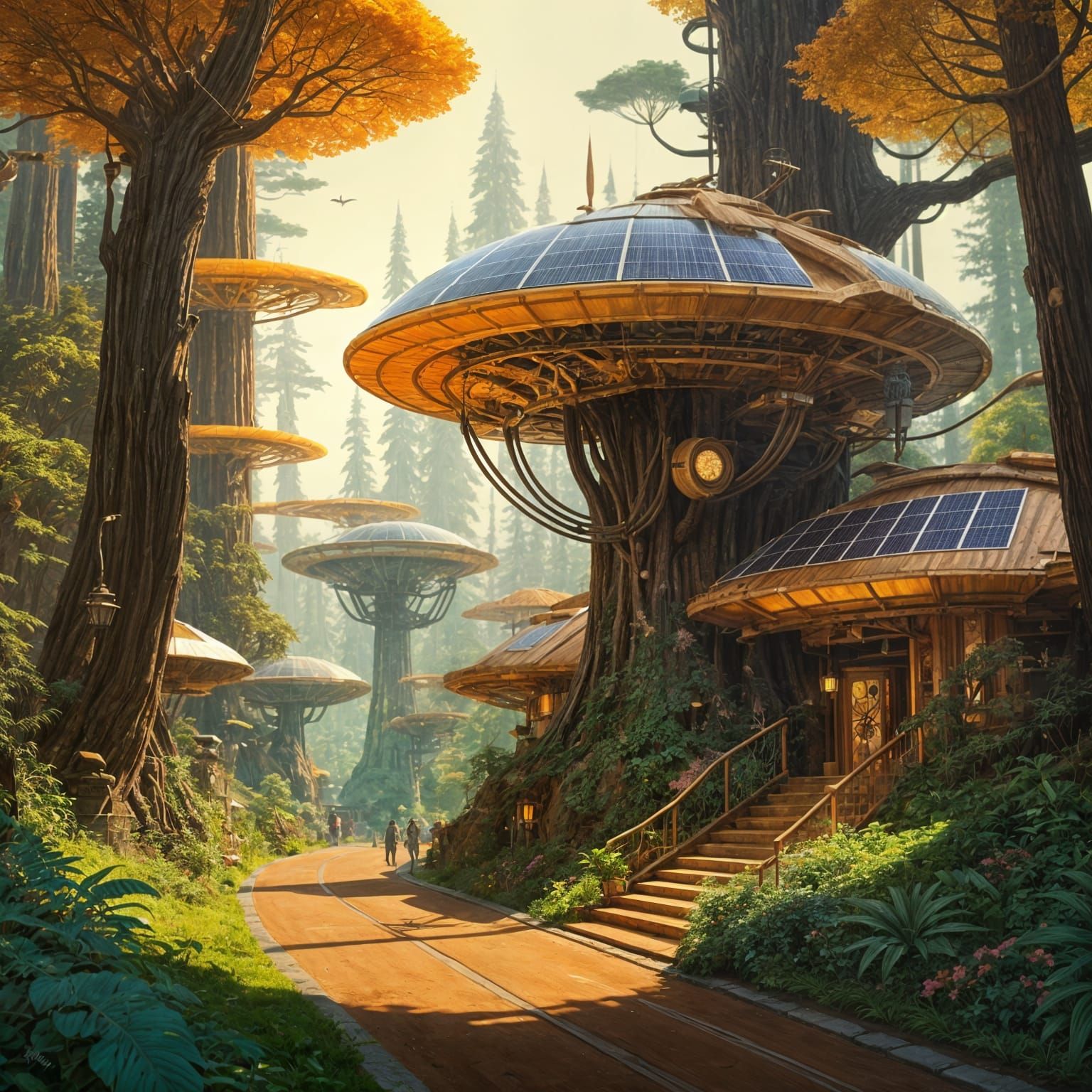 Sustainable Solarpunk Village Hidden in a Majestic Redwood