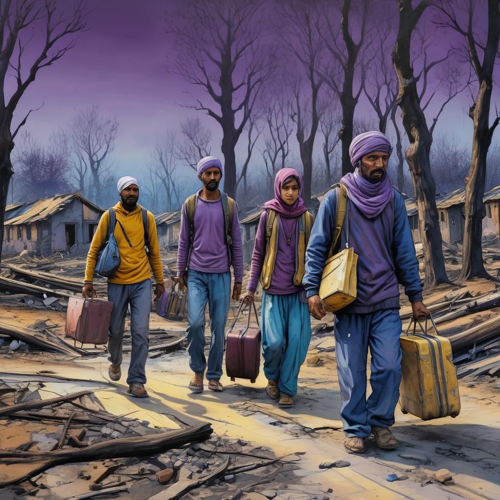 Syrian Refugee Father with Children in War Zone