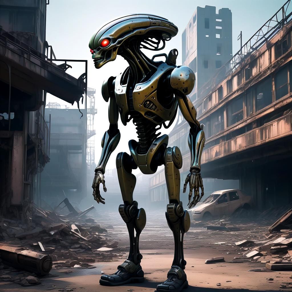 Anime Alien Cyborg in Ruined Sci-Fi Landscape