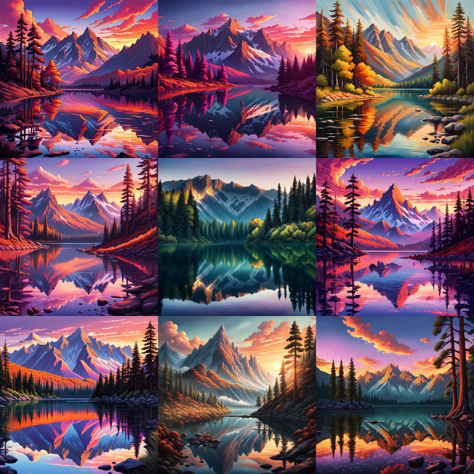 Sunset Mountain Range Reflected: Cinematic Comic Art