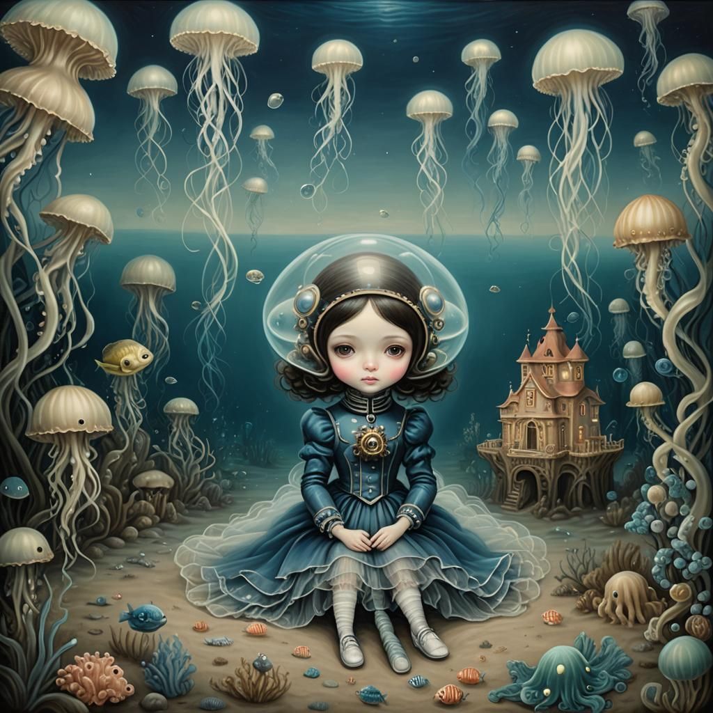 Elegant Victorian Woman with Cat in Spacesuit Underwater
