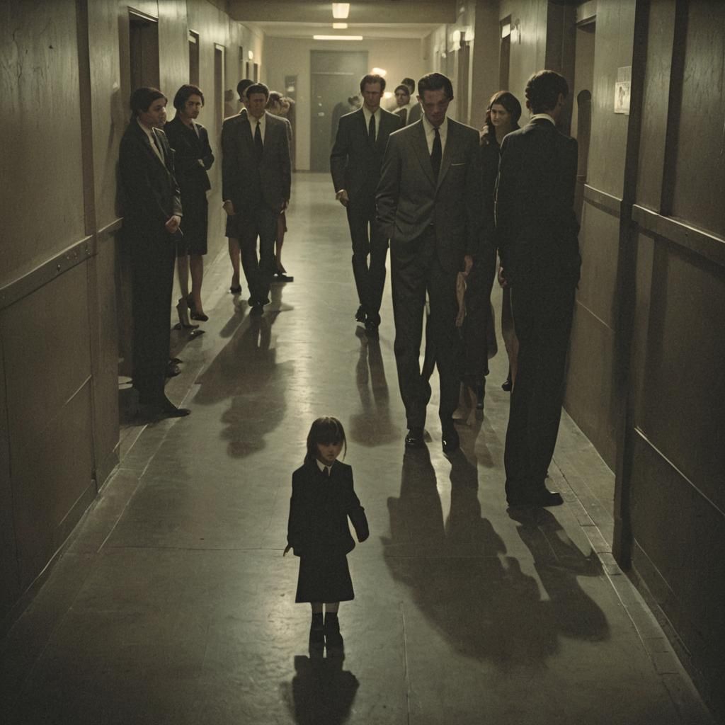 Film Noir: People in Suits in Dimly Lit Hallway