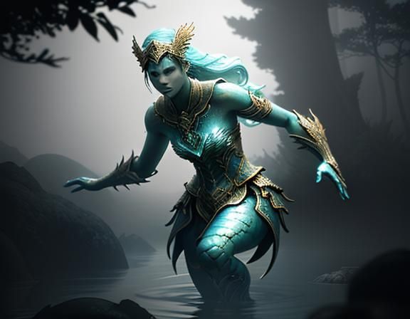 Female Amphibioid Emerges from Misty Waters