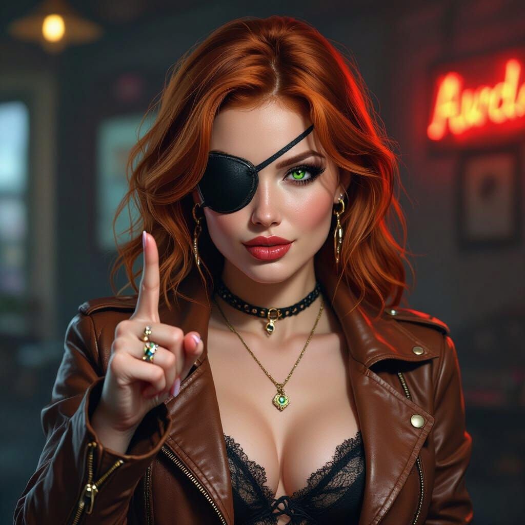 Provocative Ginger Woman in Leather, Hyperrealistic Painting