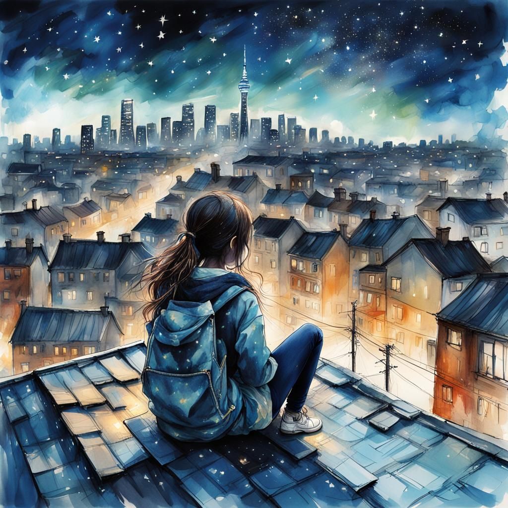City Nightscape with Girl, Watercolor Style