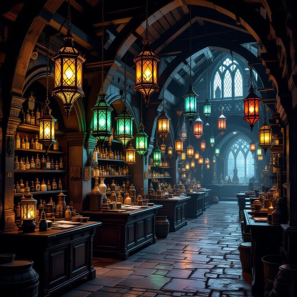 Magical Lantern Shop Interior in Hyperrealistic Fantasy Styl...