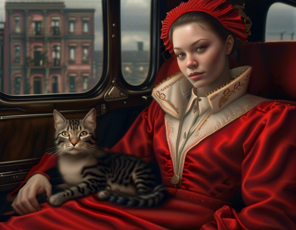 Woman and Cat in Red Car: Magical Realism