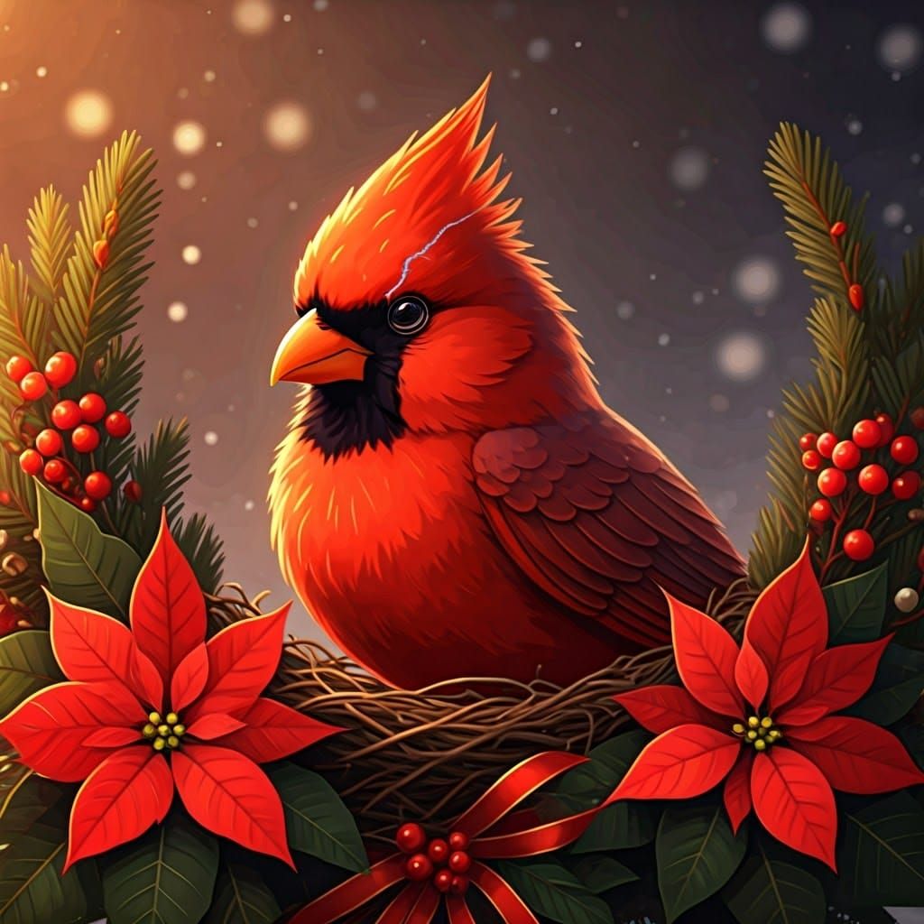 Red Cardinal in Christmas Poinsettia Wreath with Lightning S...