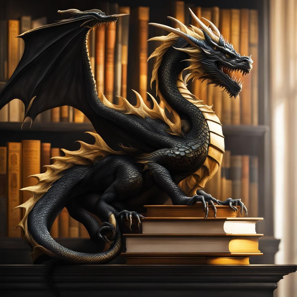 Black and Gold Dragon on Bookshelf in Splash Art