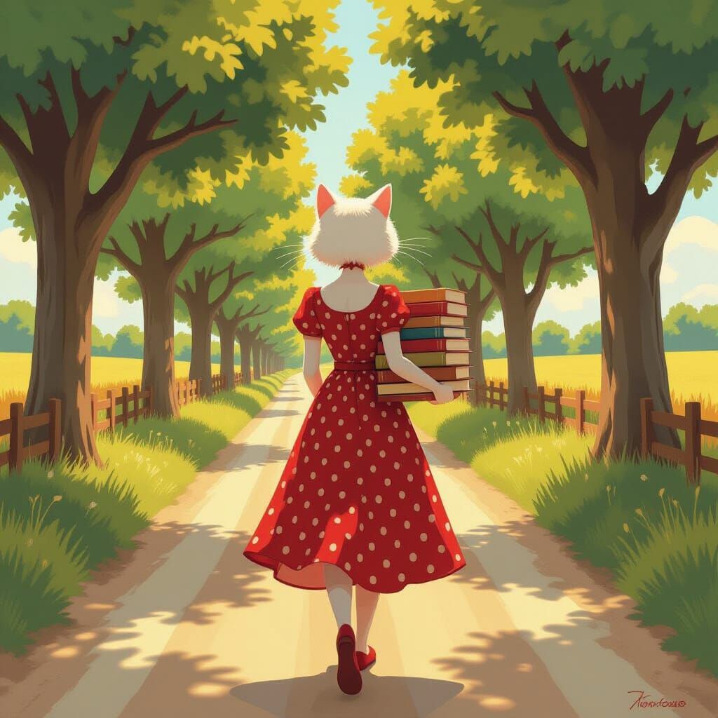 Whimsical Woman with Cat Head and Physics Books on Country R...