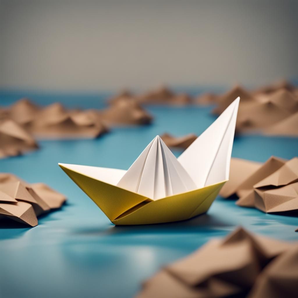 Comic Paper Boat Sails Down Realistic River