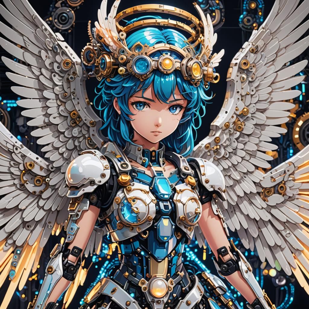 Neon Mecha Angel in Retro Anime Style