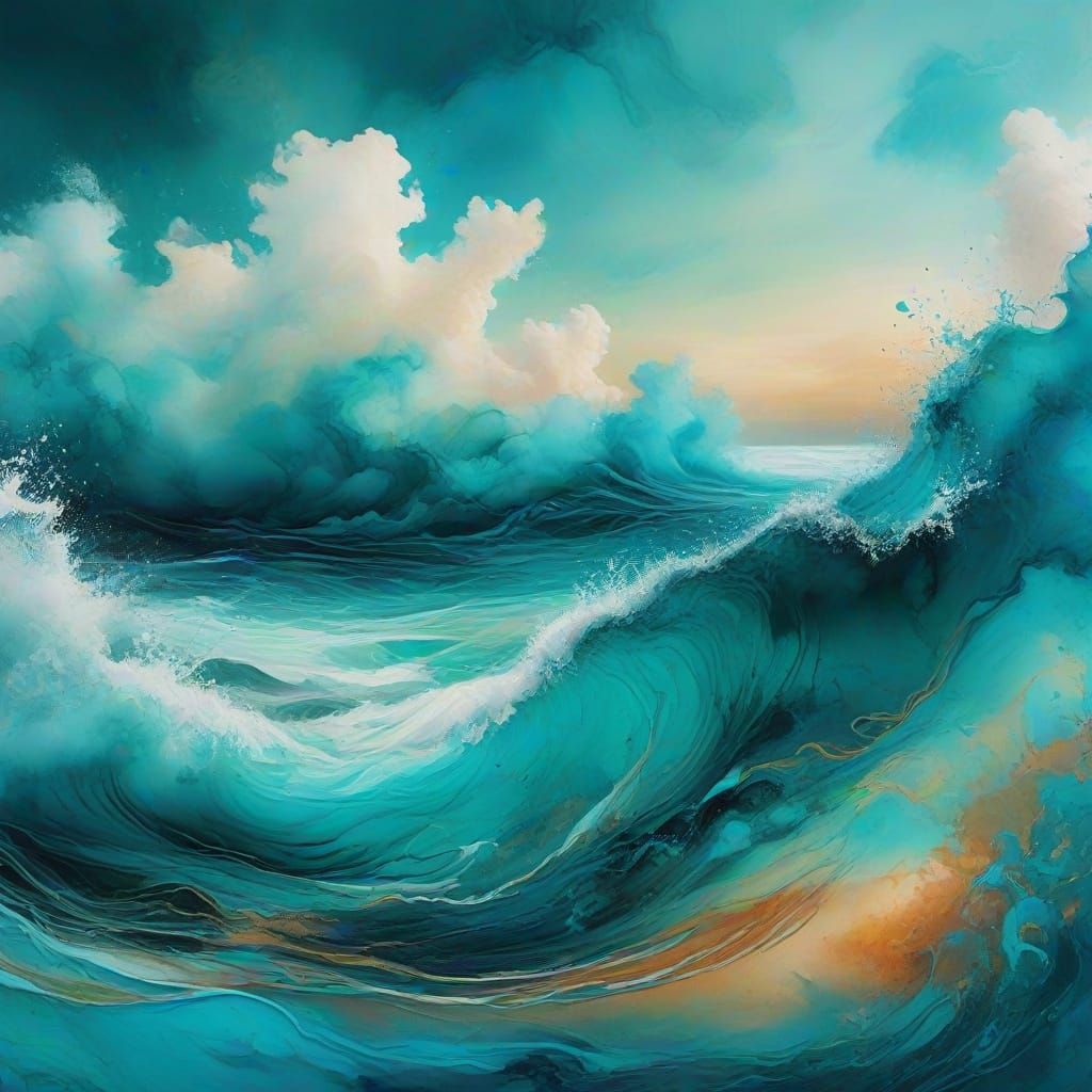 Turquoise Abstract Landscape in Alcohol Ink Style