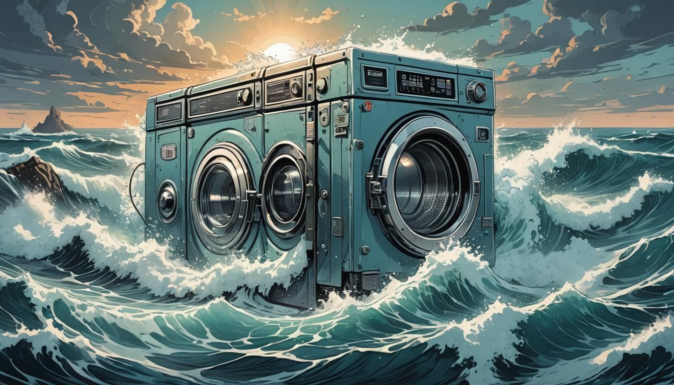 Giant Washing Machine in Ocean: Comic Book Art