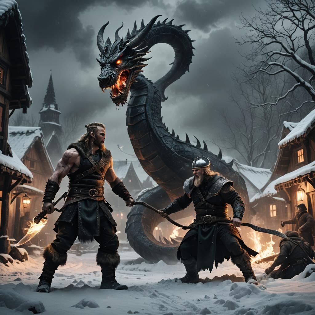 Viking Warrior Beheads Serpent in Dark Gothic Village