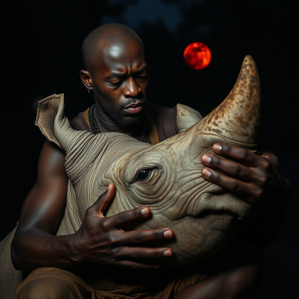 Grieving Man Holds White Rhino, Blood Moonlit African Forest