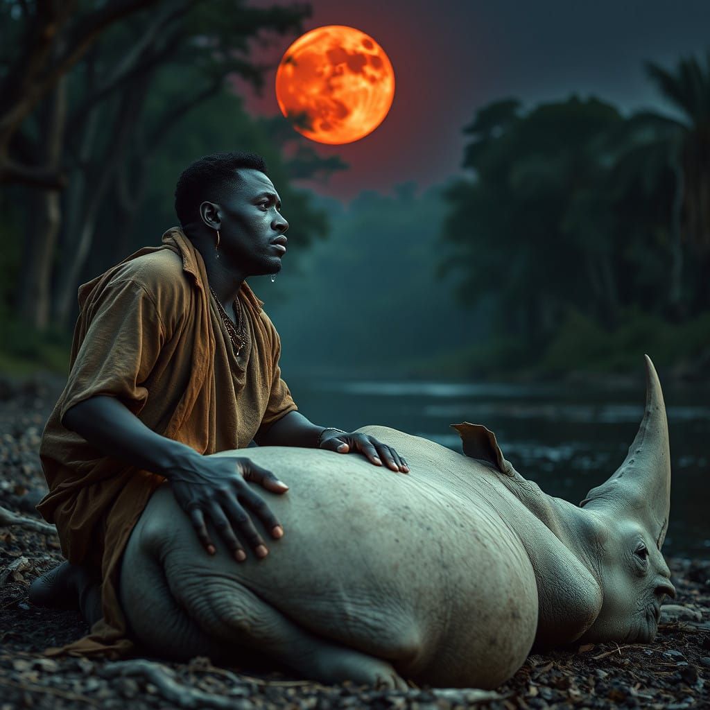 African Man Mourns Lifeless White Rhino Under the Red Moon