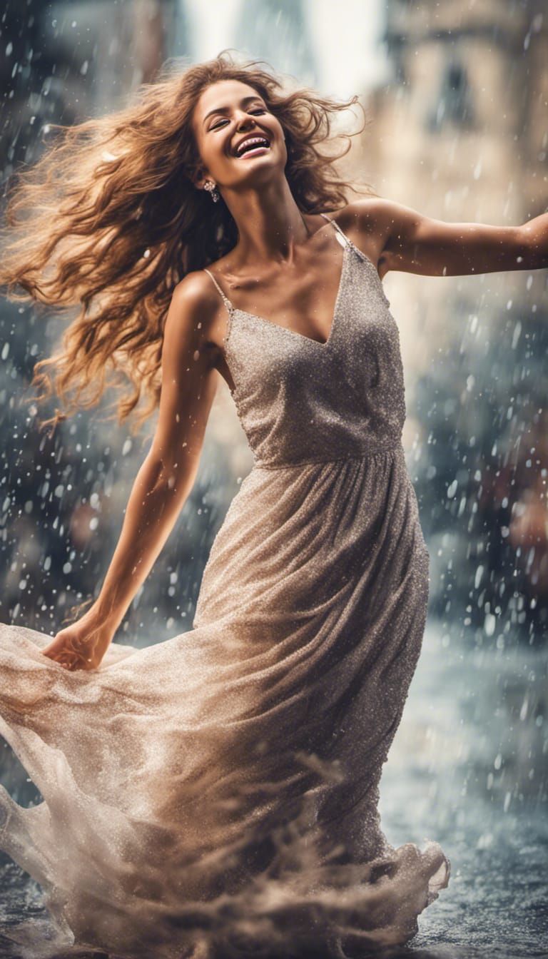 Dynamic impressionism style beautiful women with flowing dynamic hair  arms wide open while spinning her dress flowing i...