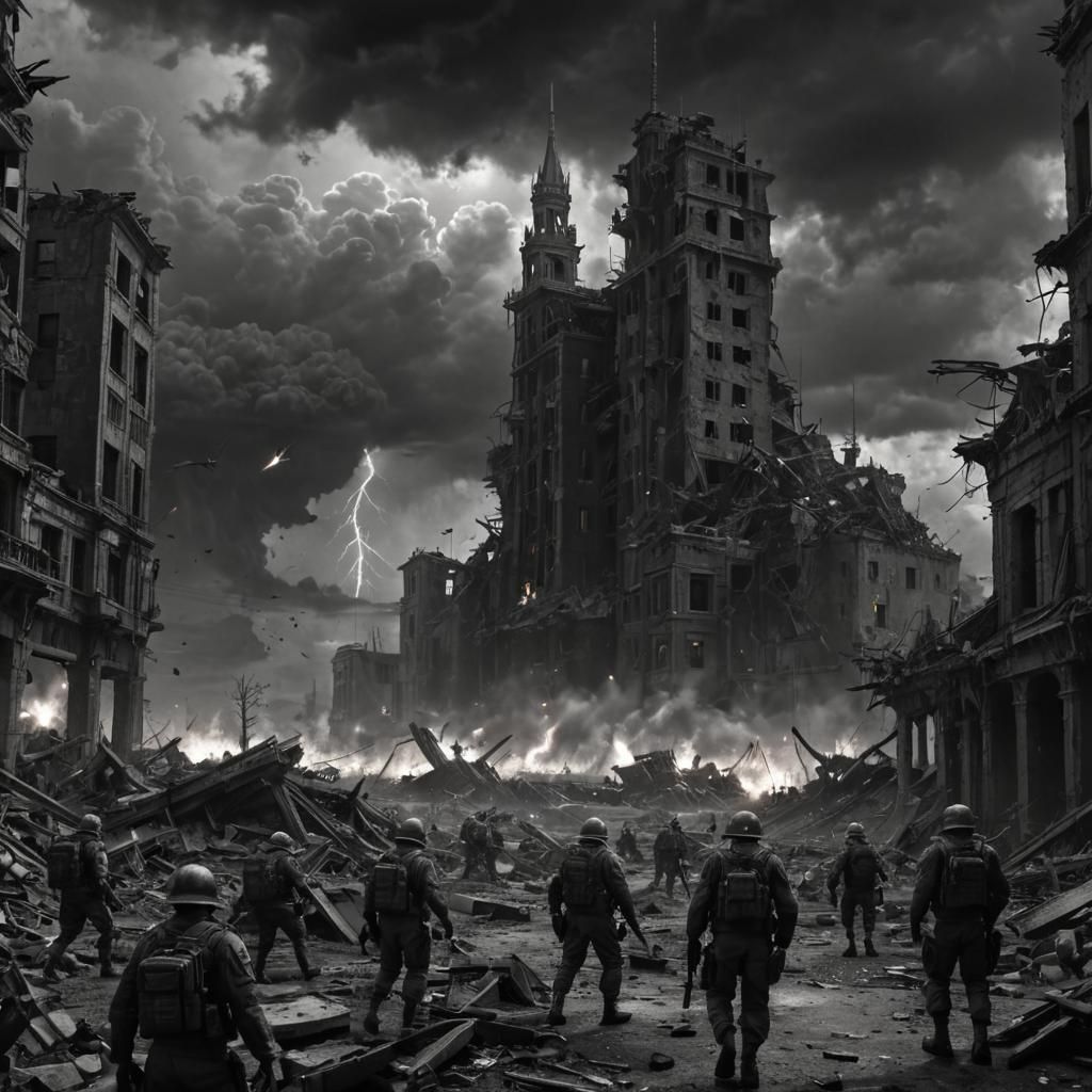 Apocalyptic Cityscape in Grisaille Film Noir Style