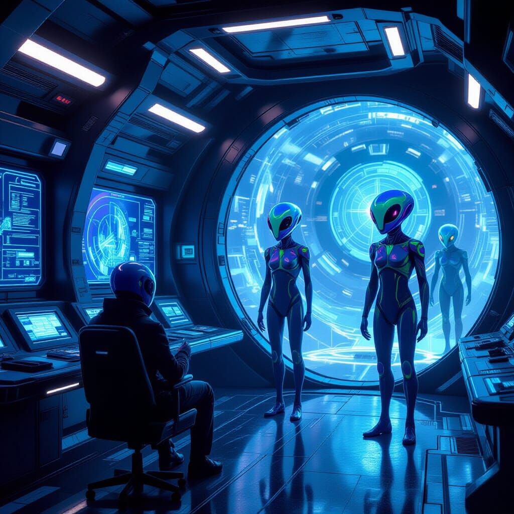 Futuristic Ship Interior with Floating Aliens