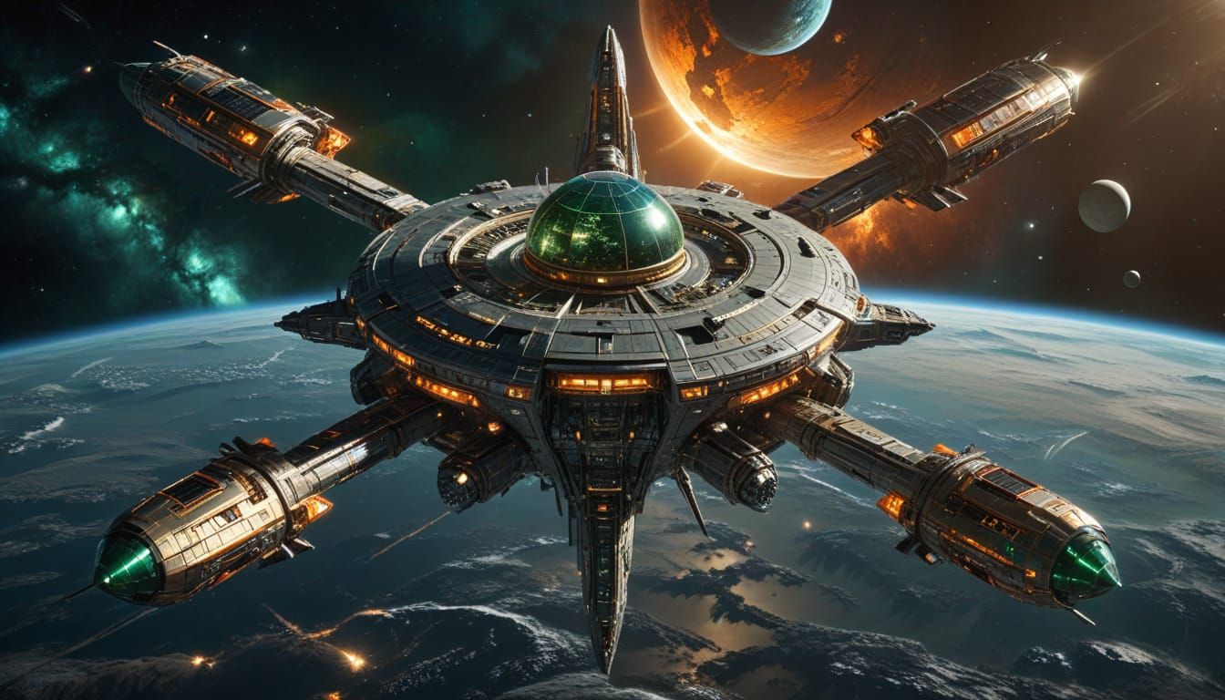 Surreal Biomechanical Space Station in Metallic Gold and Eme...