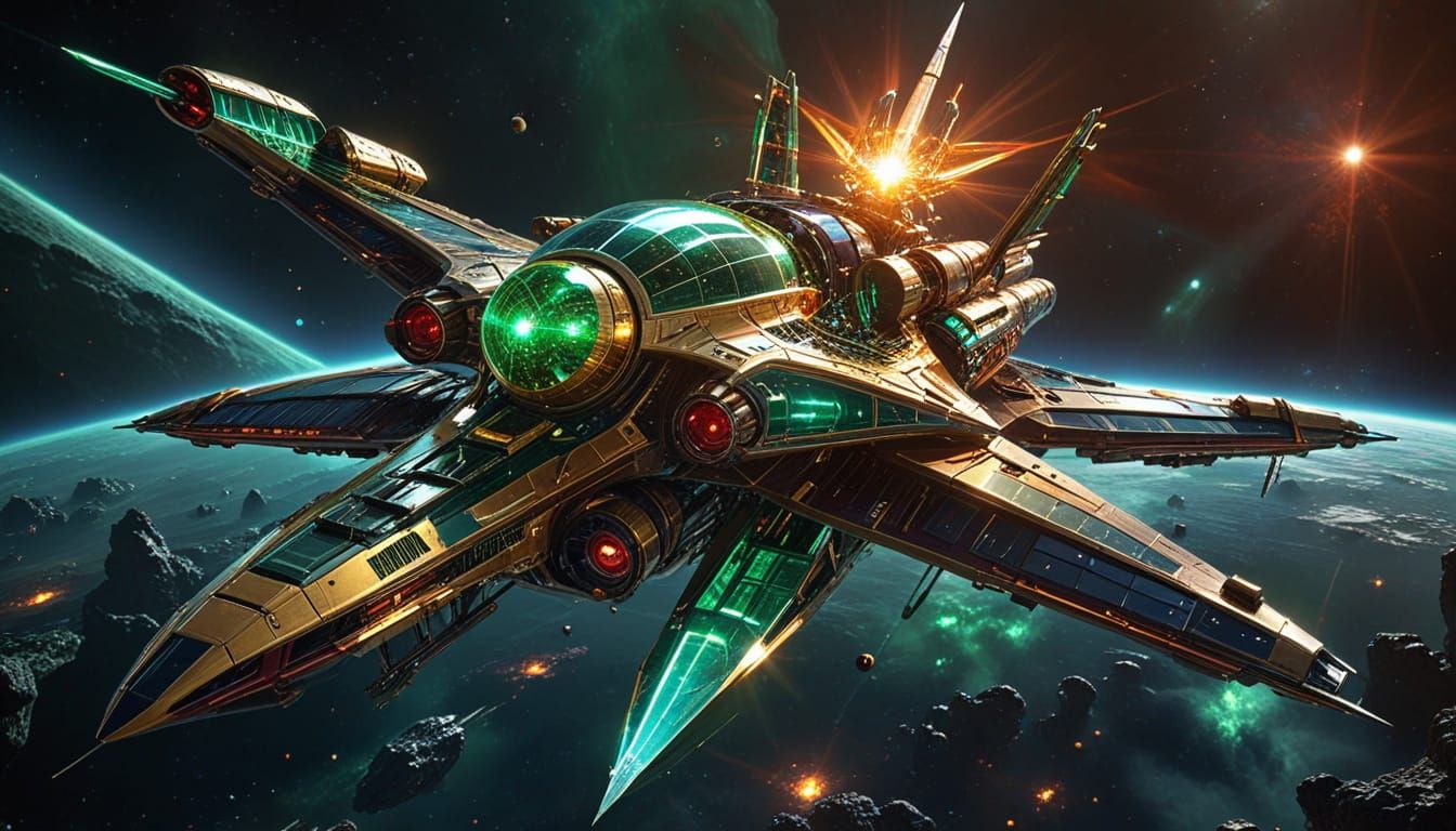 Cinematic Starship in Metallic Gold and Cherry-Lime Biomecha...