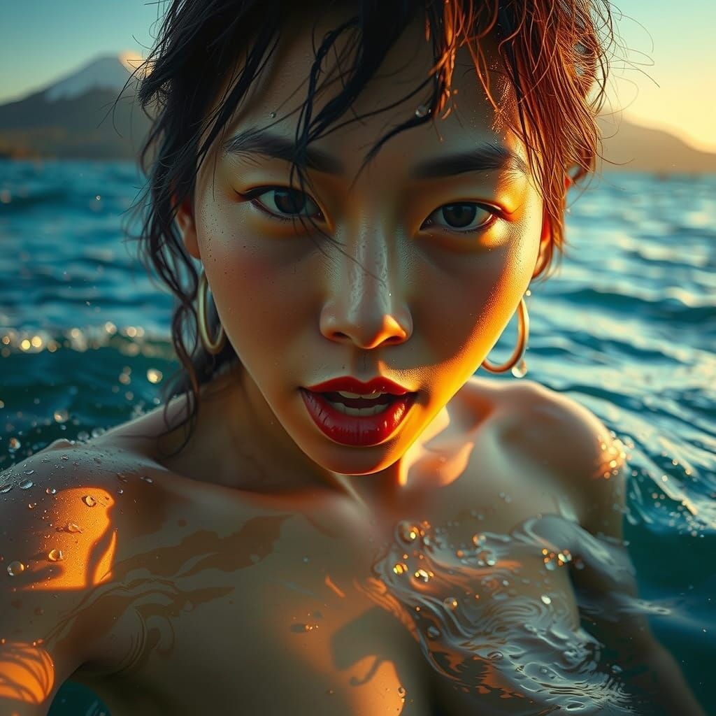 Hyper-Realistic East Asian Woman Rises from the Waves, Mount...