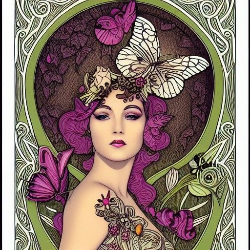 Art Nouveau Butterfly Woman: Intricate Illustration