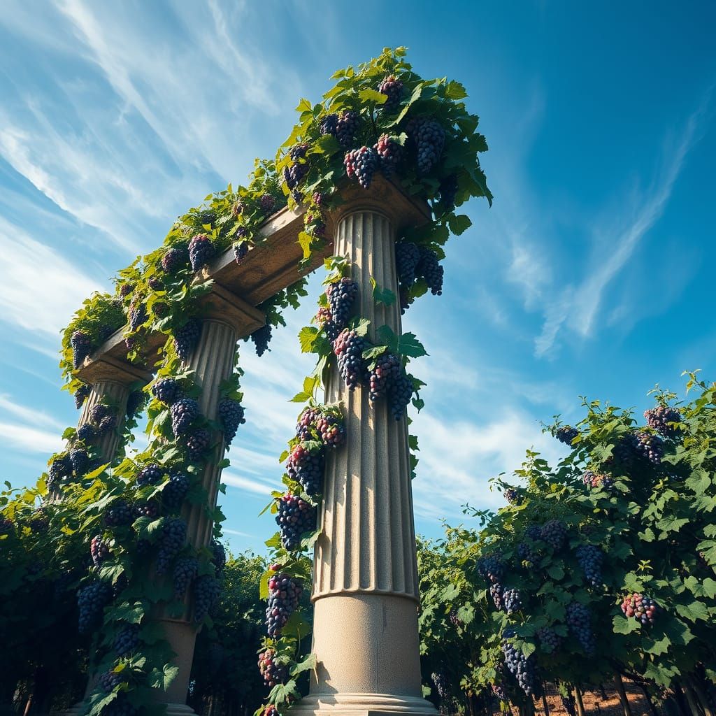 Grapes Float in a Dreamlike Sky Amid Ancient Pillars