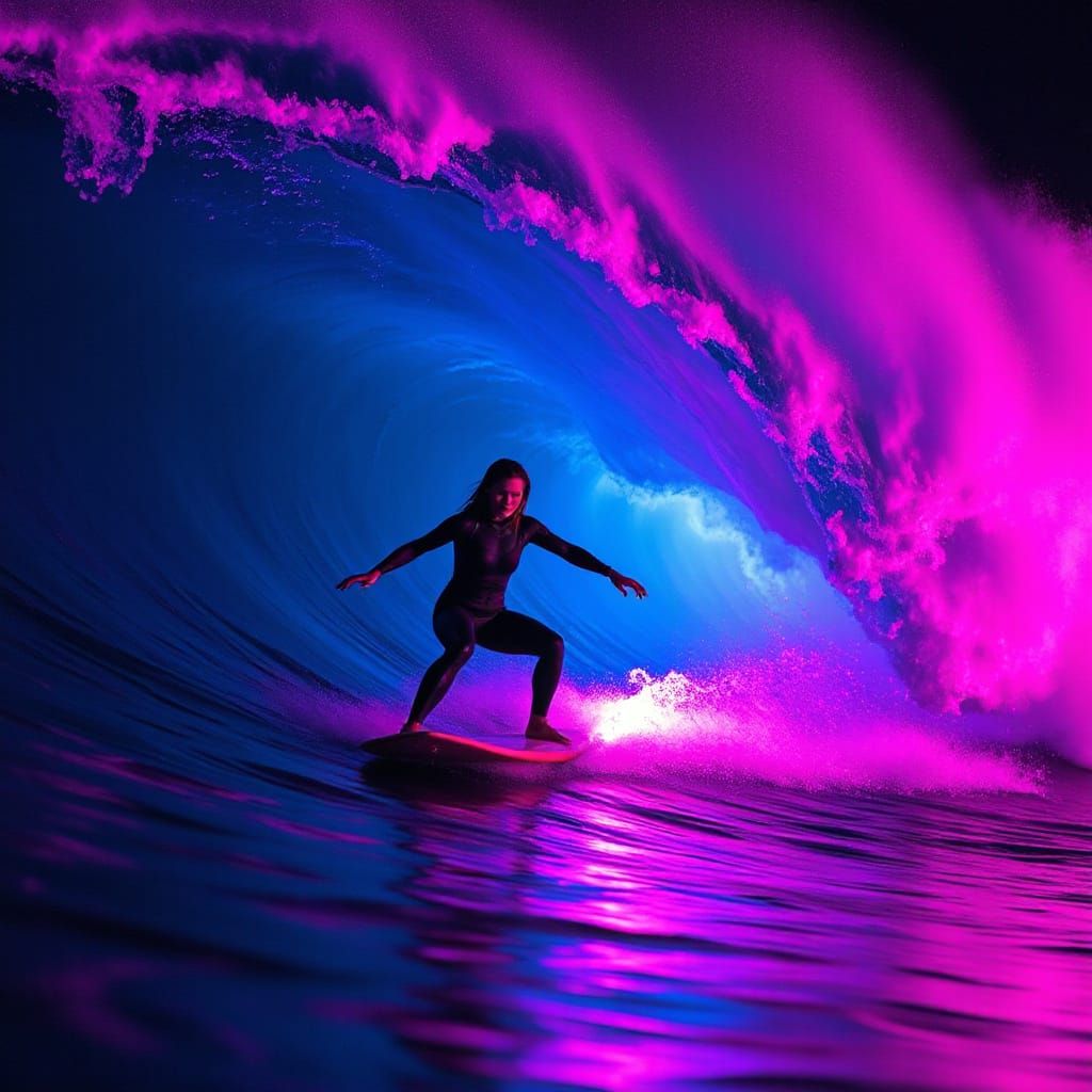 Electric Dreams: Neon Surf Goddess Rides the Cosmic Wave