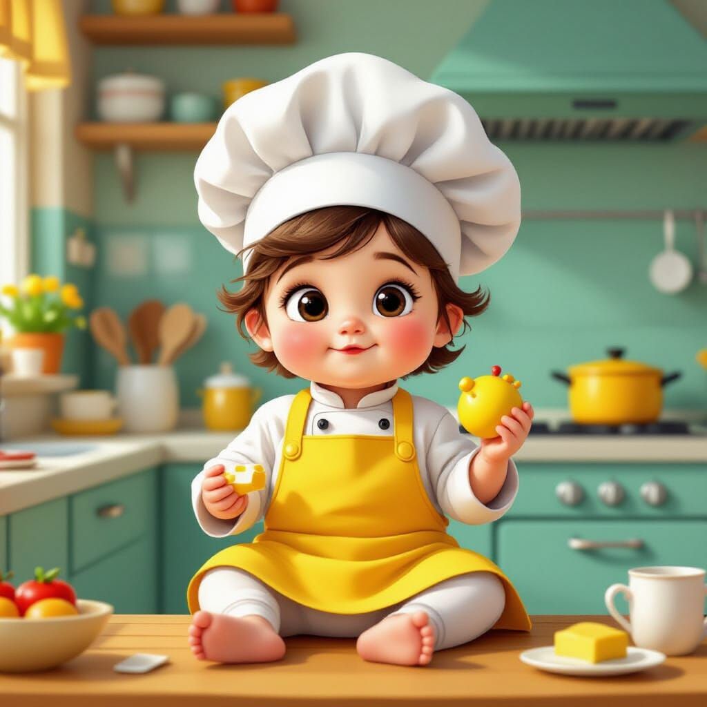 Baby Chef in Colorful Kitchen, Whimsical Illustration