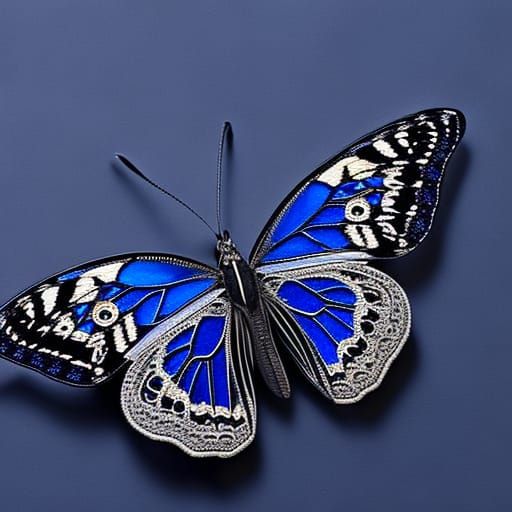 Art Nouveau Filigree Butterfly in Blue and Silver