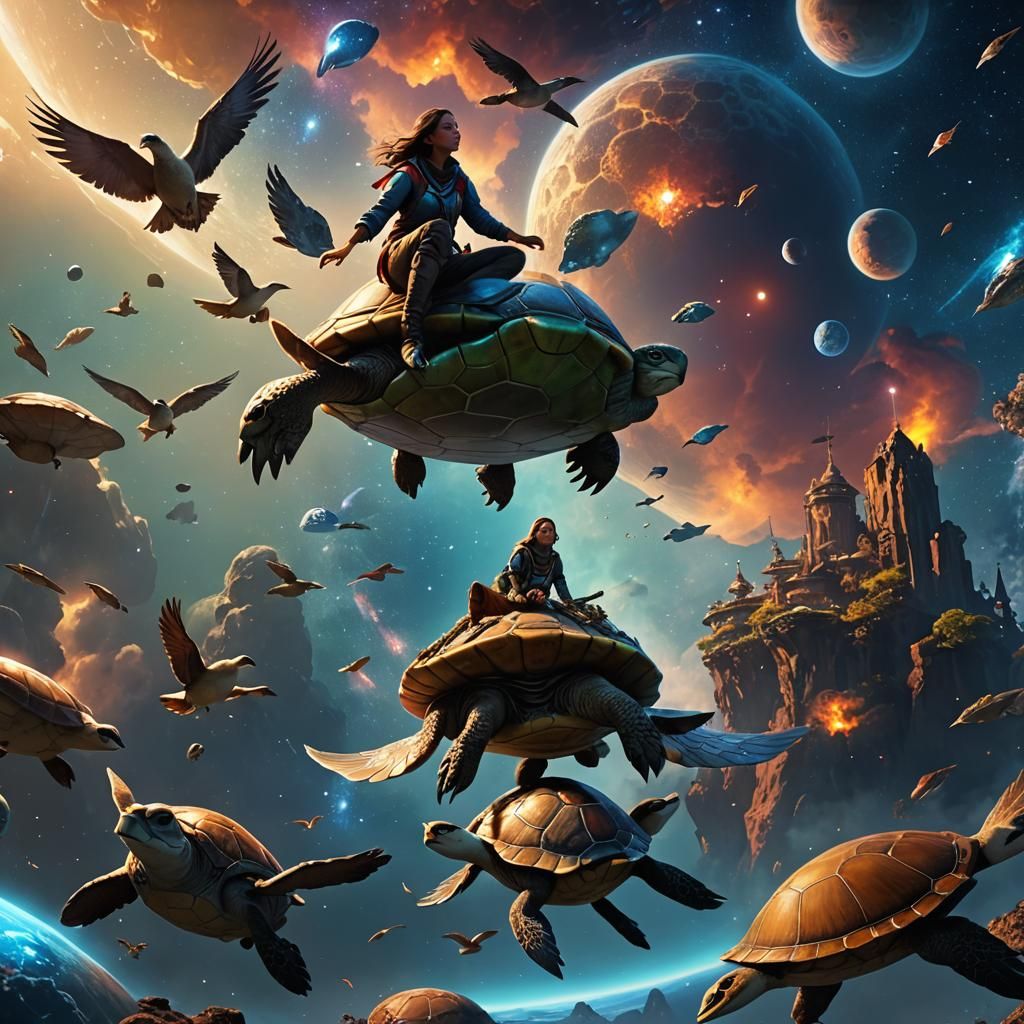 Skywoman on Turtle Shell in Space, Detailed Matte Painting