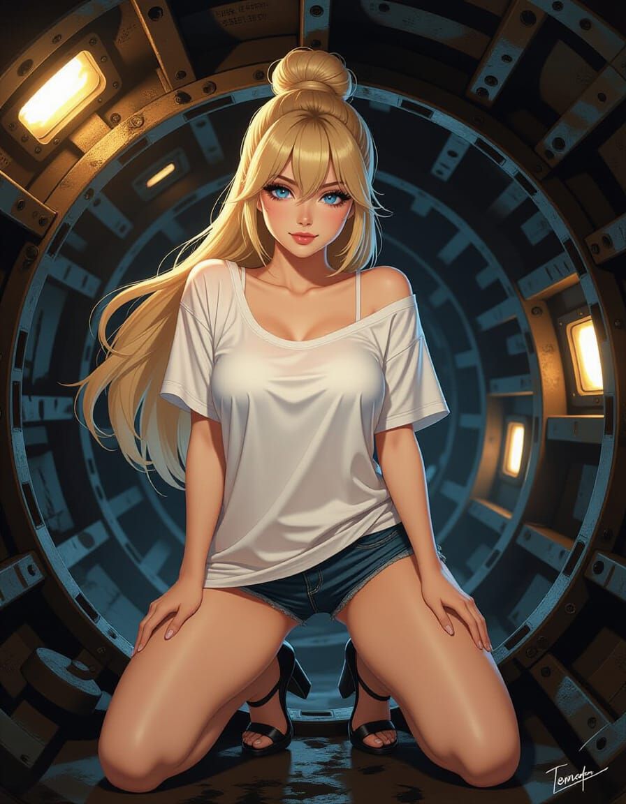 Steam-Powered Bombshell in Engine Room: Manga Oil Painting