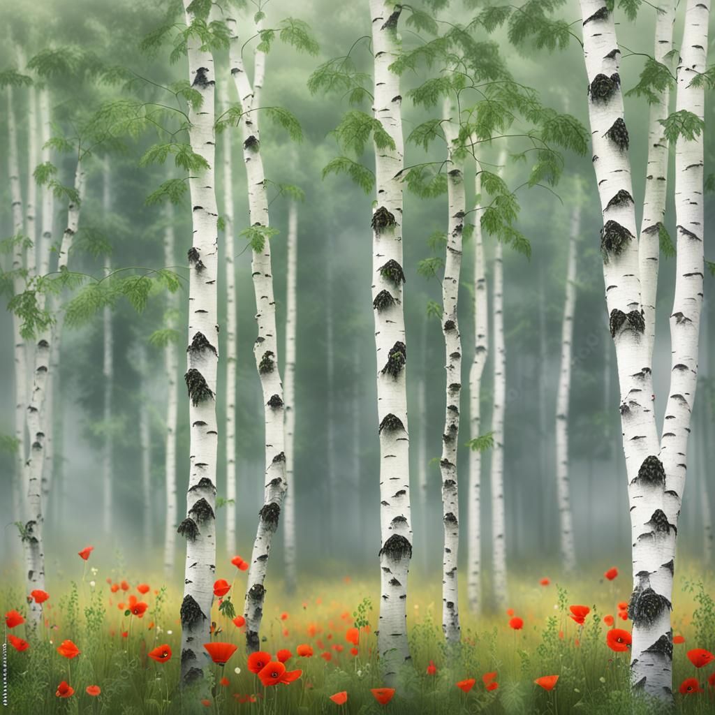 Birch Forest and Poppy Field Photograph