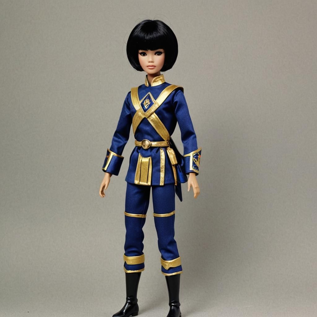 Vietnamese fashion doll with a black bob with bangs as the indigo gold raven power ranger 1958