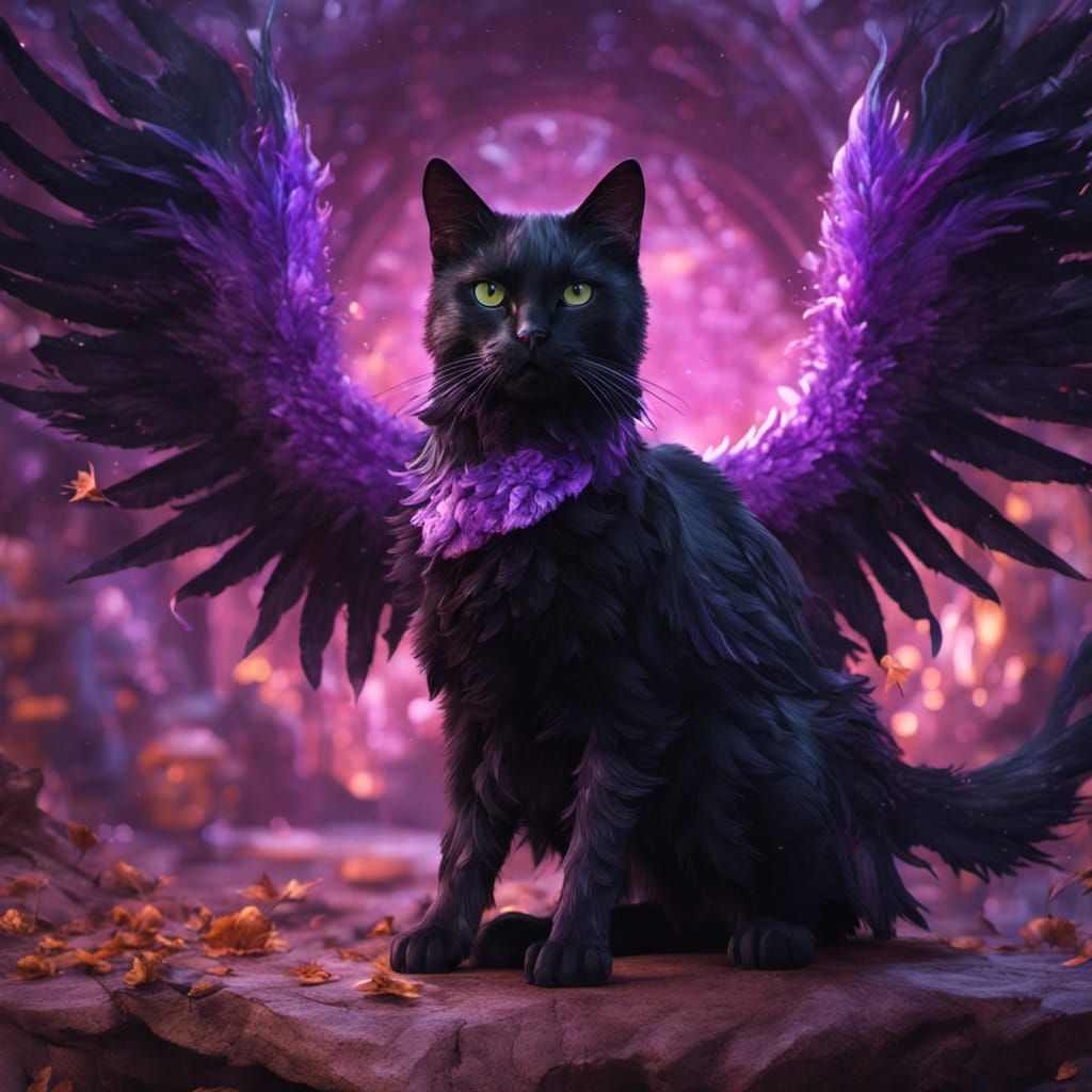 Winged Black Cat with Purple Feathers