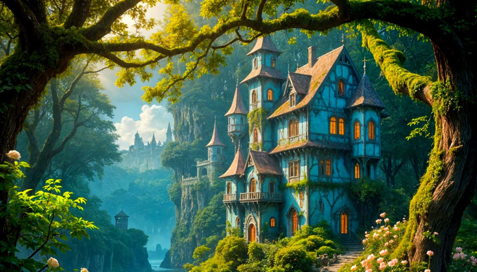 Victorian Castle Overgrown with Roses in Mossy Forest